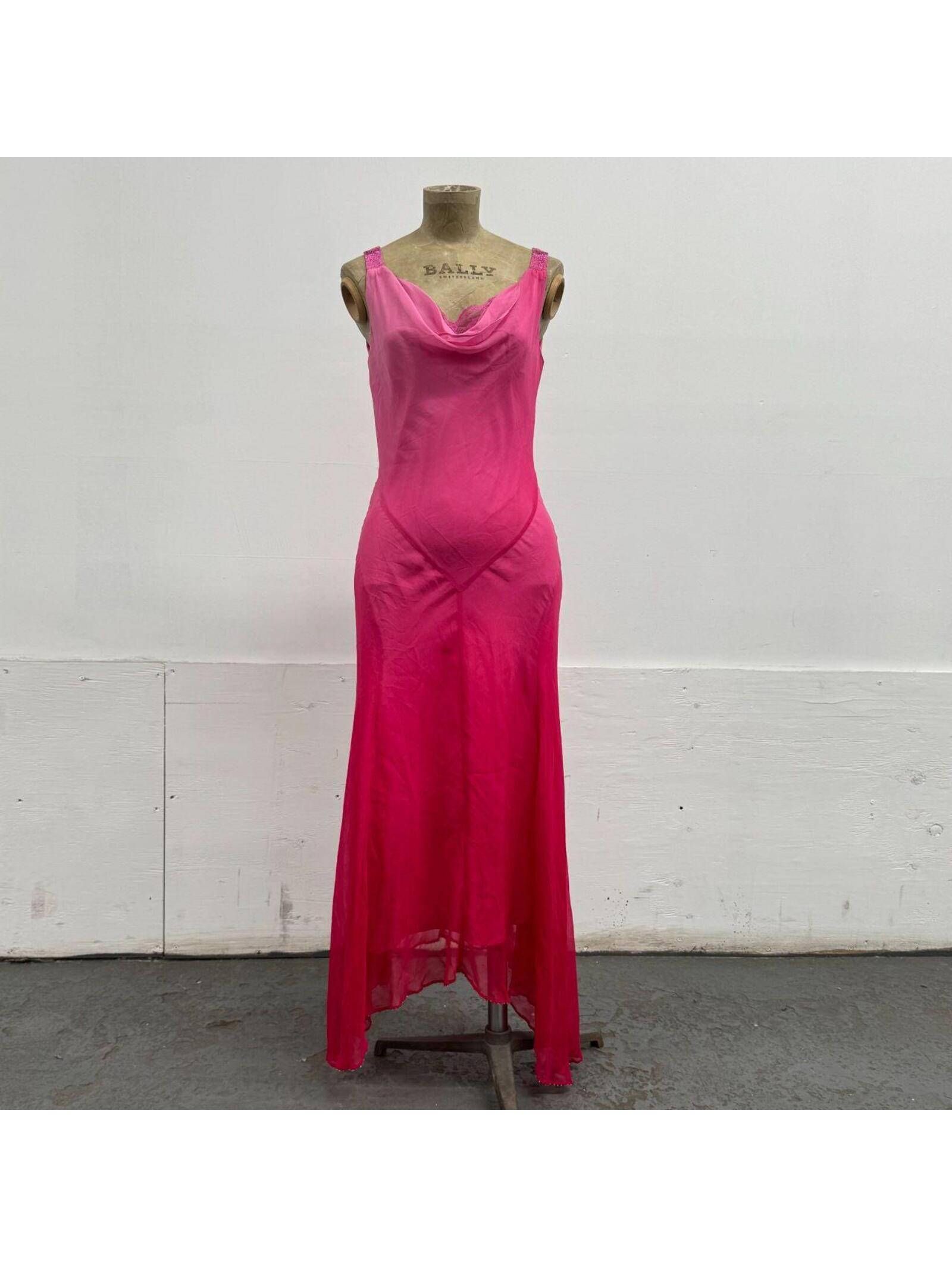 Vintage Y2k Barami Hot Pink Silk Beaded Cowl Neck Gown